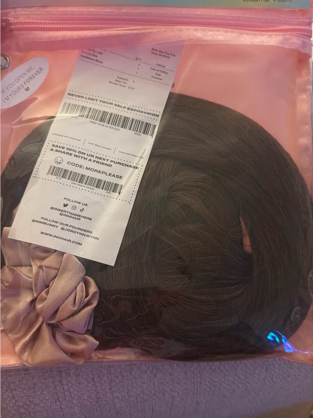 Brown Clip-In Ponytail Extension with Pink Satin Scrunchie